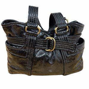 vintage 2000s kooba black patent leather hobo bag with chunky gold hardware